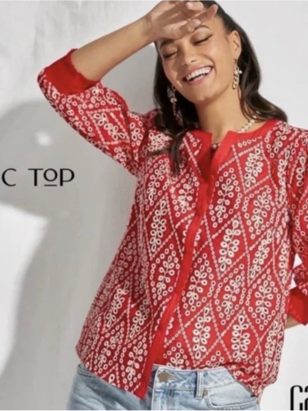 CAbi Red Printed Button-Down Blouse LYRIC Medium NWOT